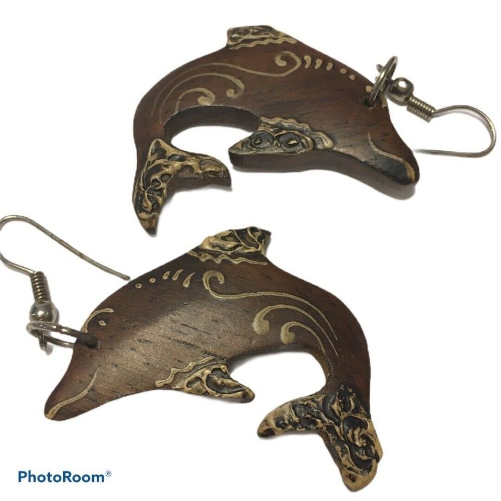 Artisan crafted wood dolphin hook earrings beach